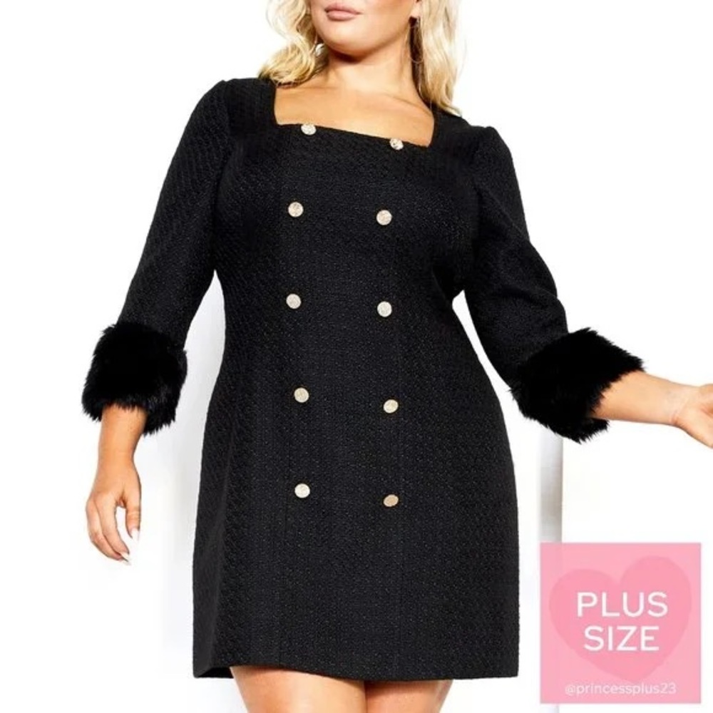 City Chic Black Double-Breasted Tweed Dress with Fur Trim